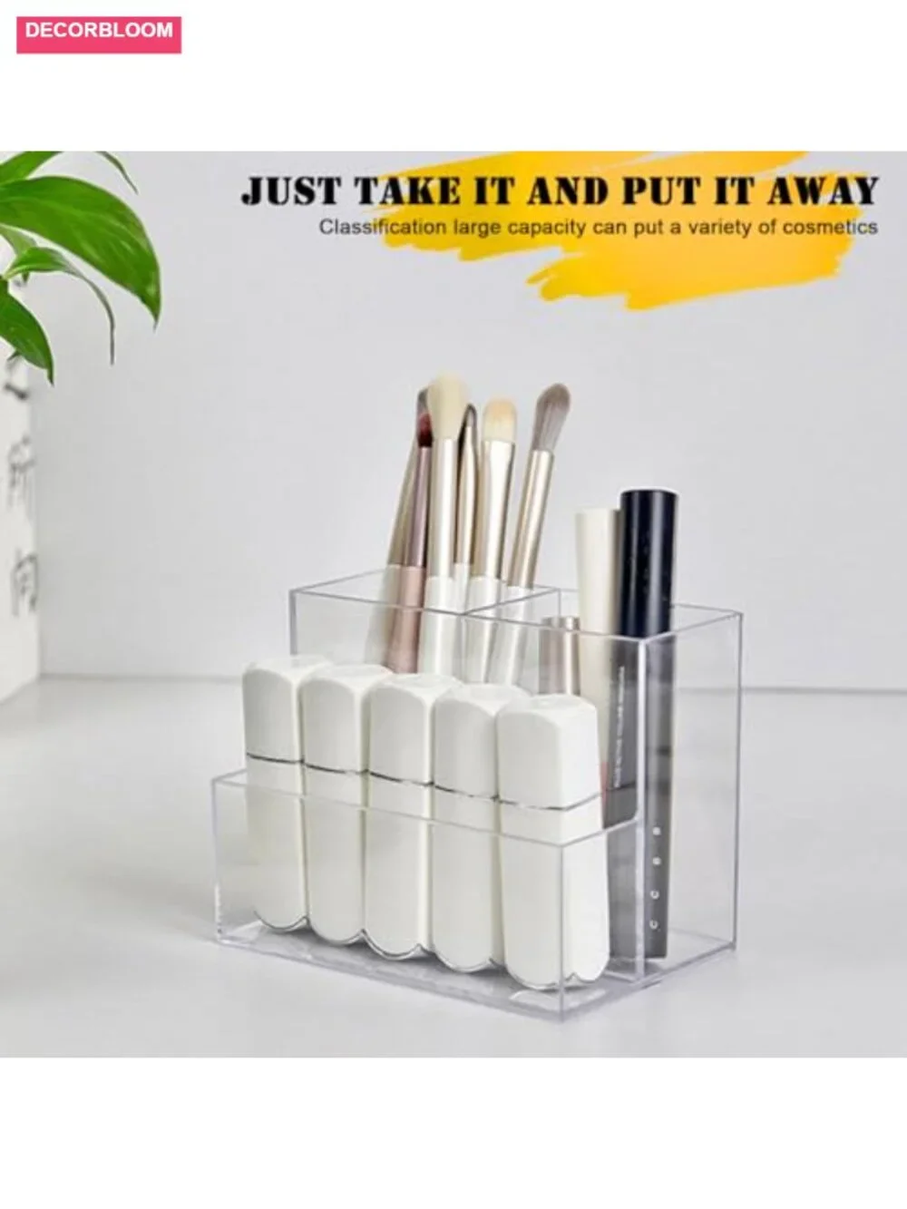 Clear Acrylic Makeup Brush Organizer with 3 Slots, Vanity Desk Storage